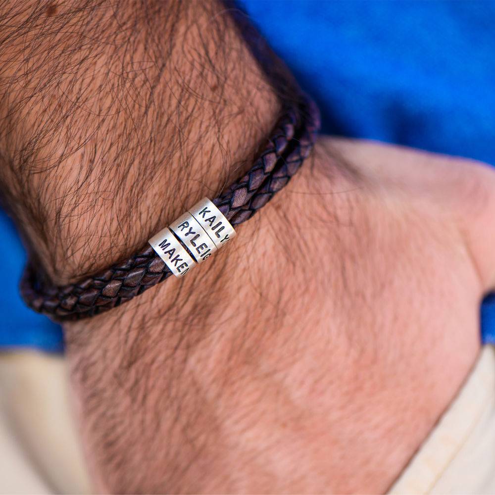 Navigator Braided Brown Leather Bracelet with Small Custom Beads in Silver