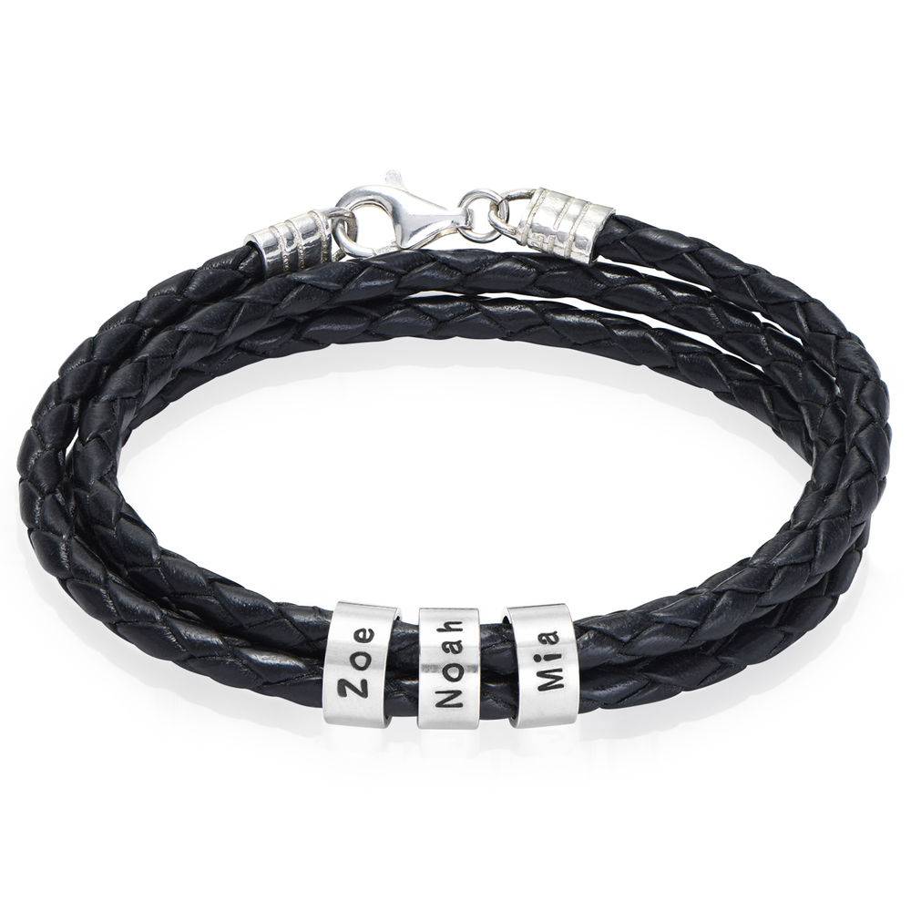 Navigator Braided Leather Bracelet with Small Custom Beads in Silver