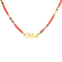 Orange & Gold Bead Name Necklace in Gold Plating product photo