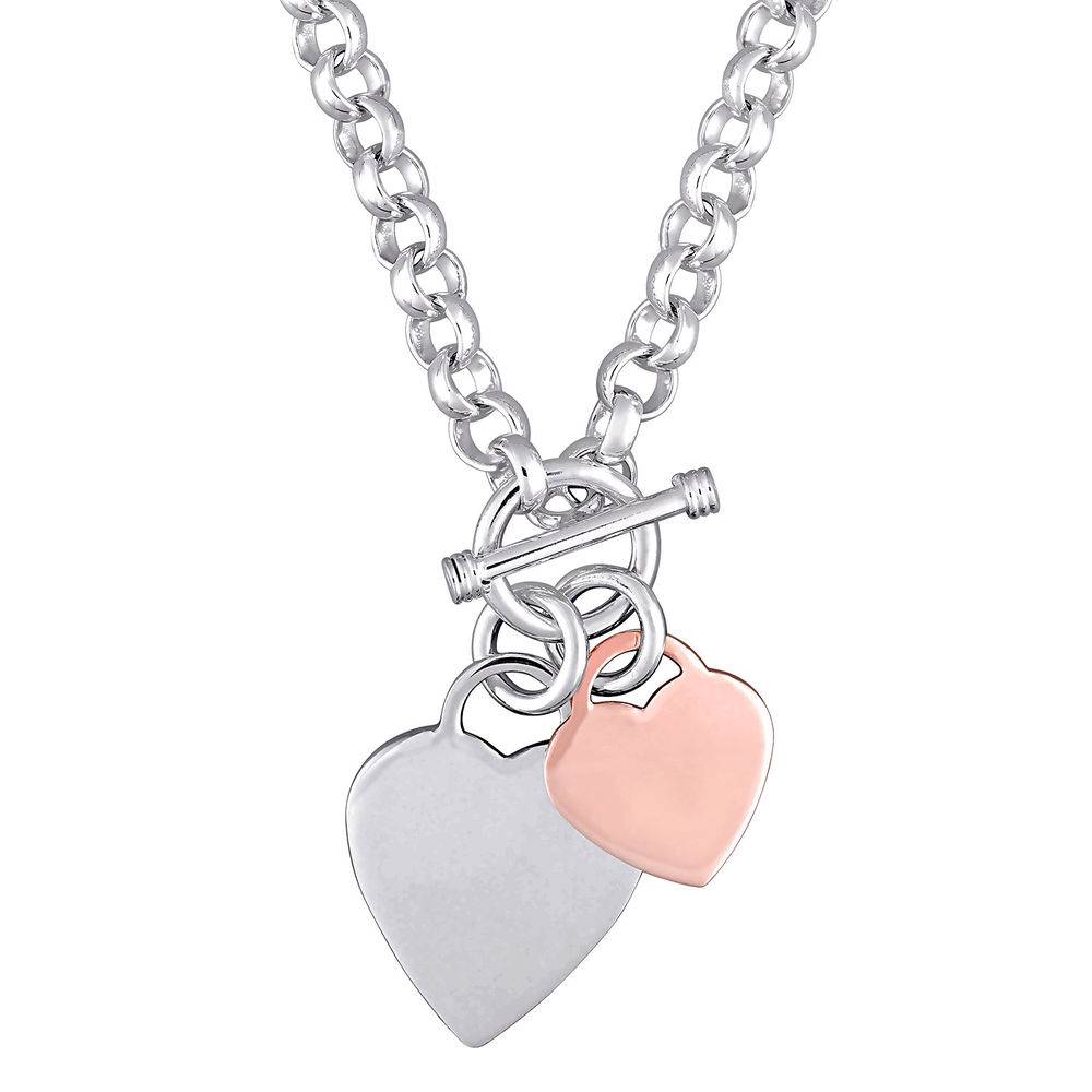 Oval Link Necklace with Sterling Silver and Rose Gold Plated Heart Charms & Toggle Clasp