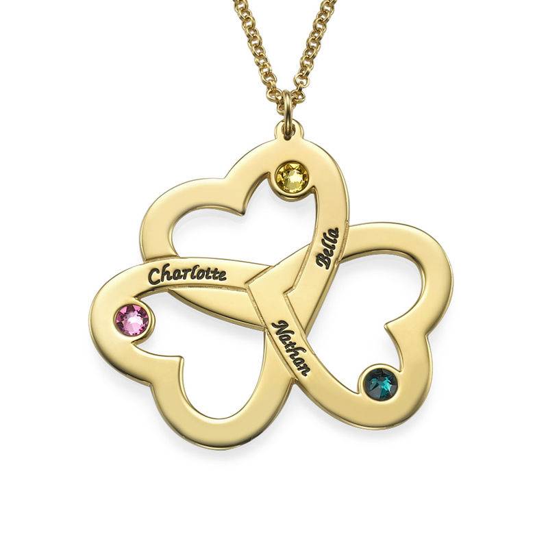 Personalized Triple Heart Necklace with Birthstones in Gold Plating