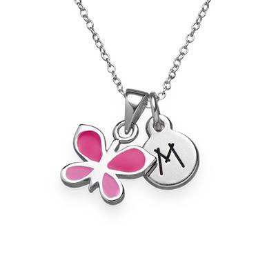 Pink Butterfly Necklace for Kids with Initial Charm product photo