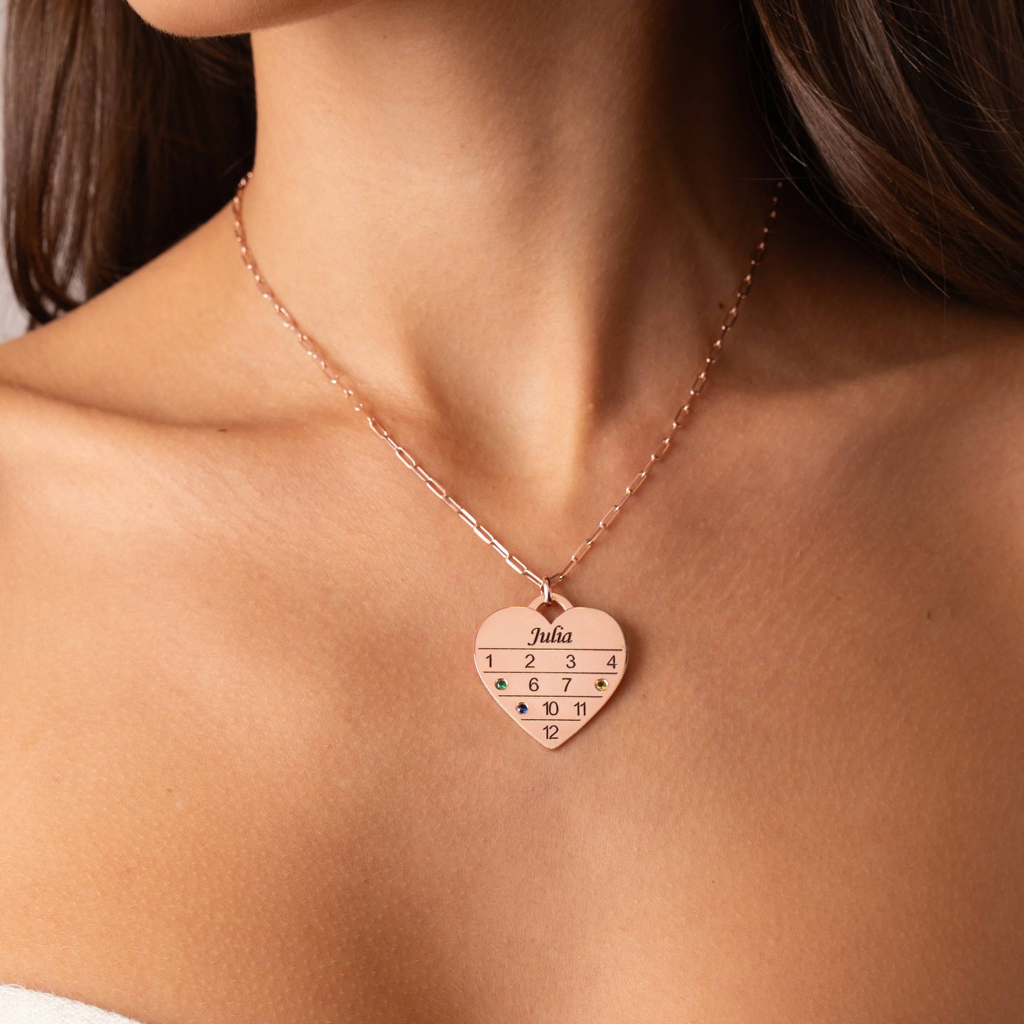 Collar Corazón Calendario 12 Meses con piedras de nacimiento en chapa de oro rosa 18K-6 foto de producto