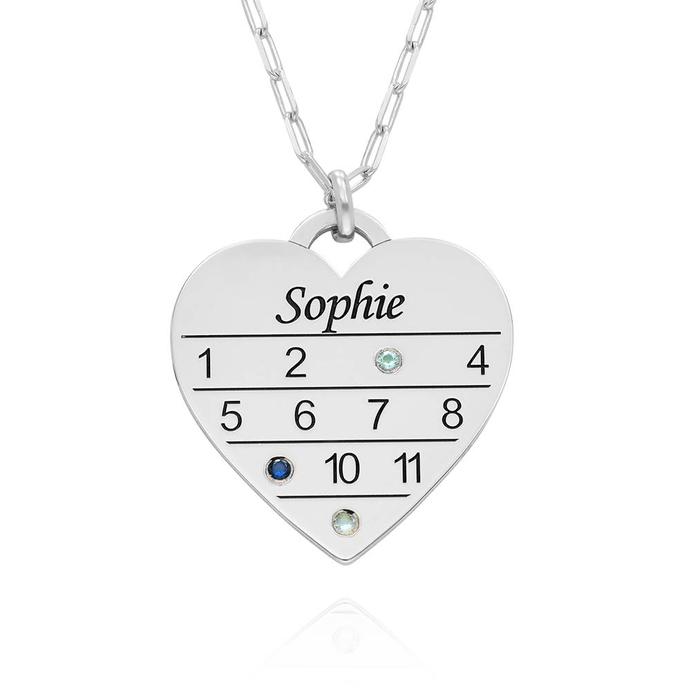 12 Month Calendar Heart Necklace with Birthstones in Sterling Silver product photo