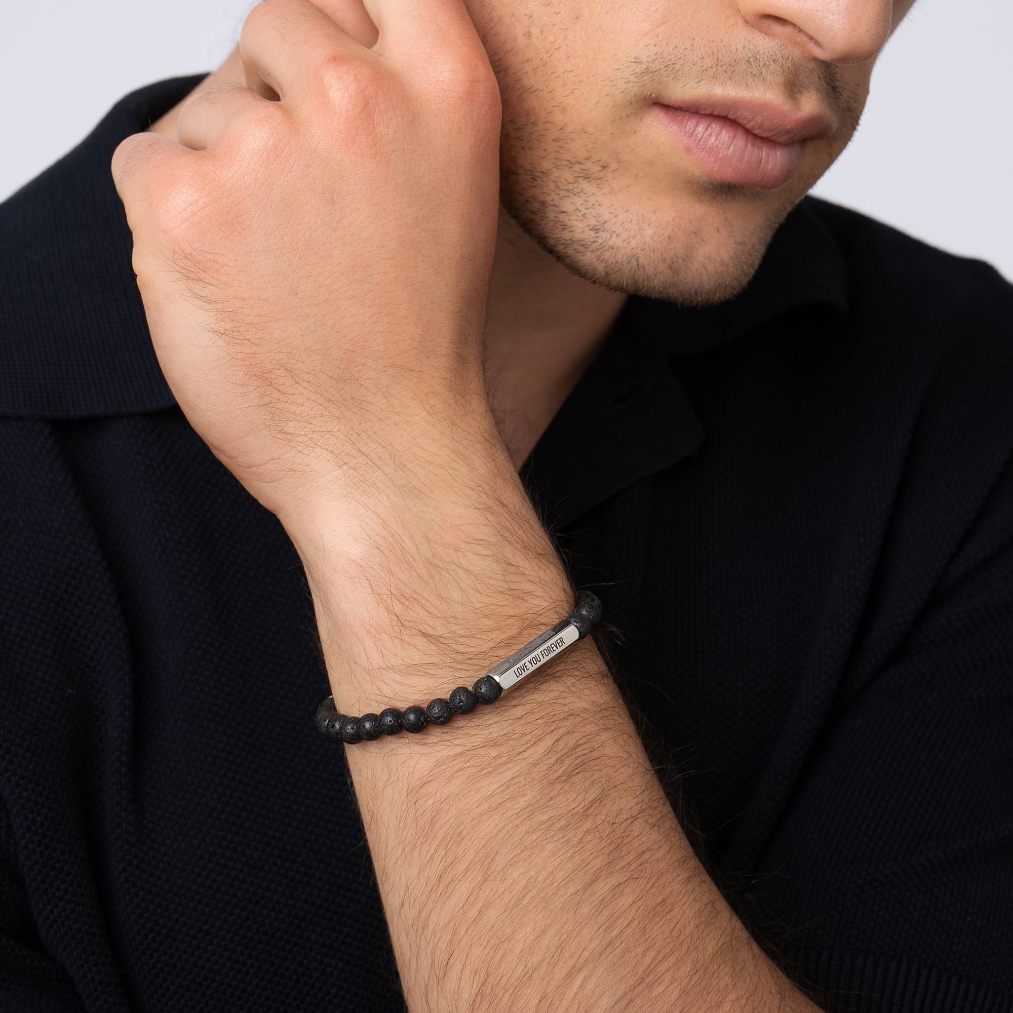 3D Hexagon Bar & Lava Stone Beaded Bracelet for Men in Stainless Steel-5 product photo