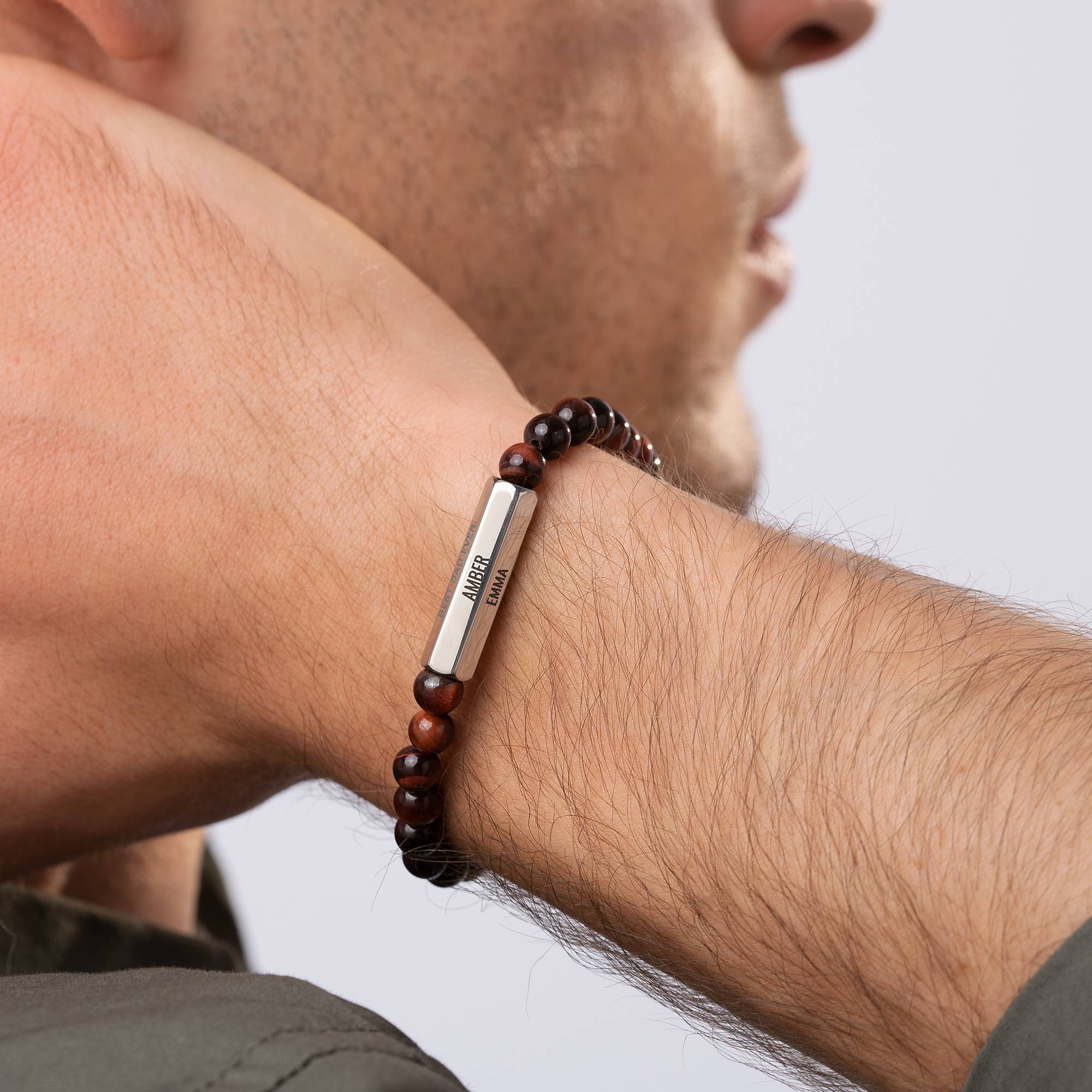 3D Hexagon Bar & Tiger Eye Beaded Bracelet for Men in Stainless Steel-1 product photo