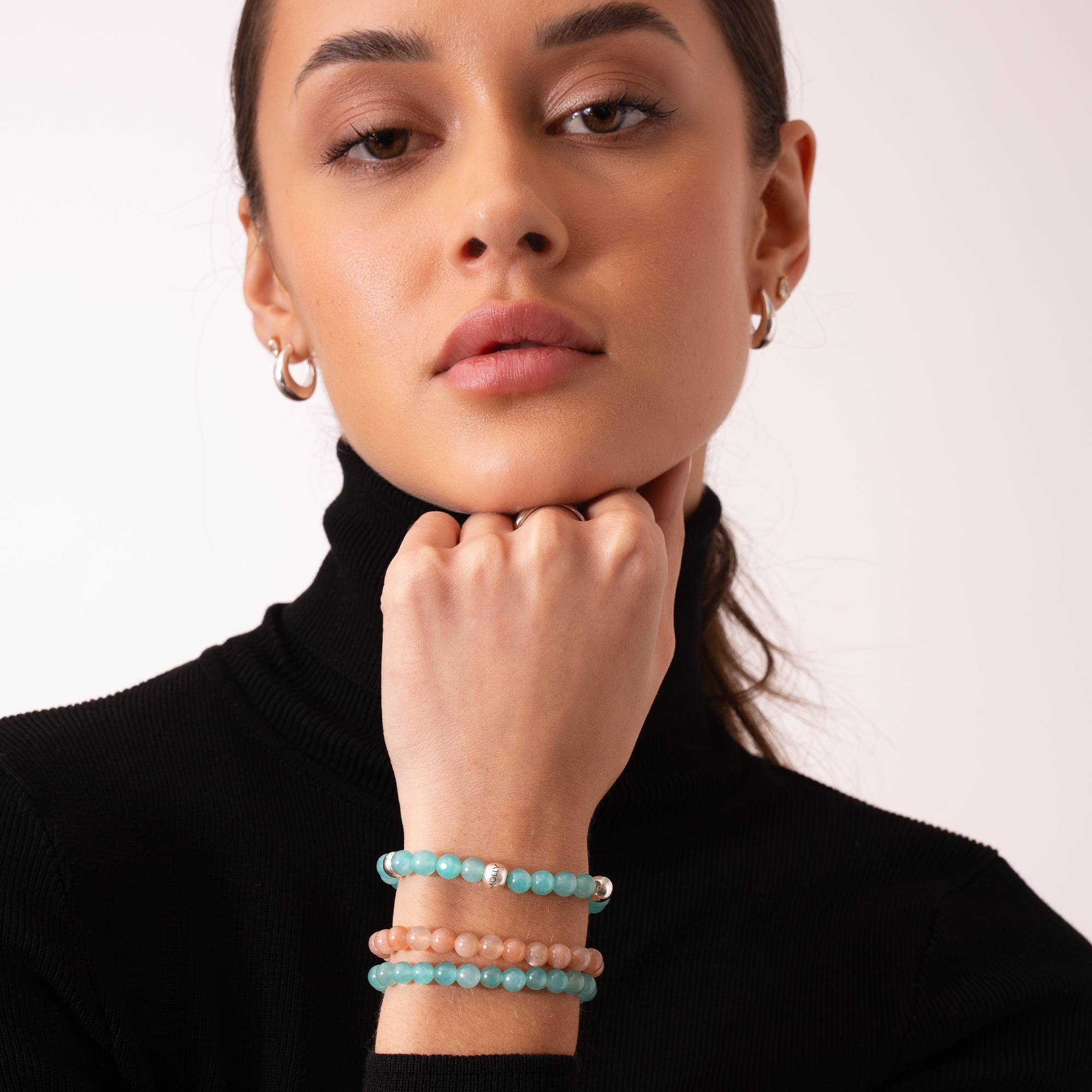 Amazonit Balance Perlenarmband mit gravierten silberen Beads-5 Produktfoto