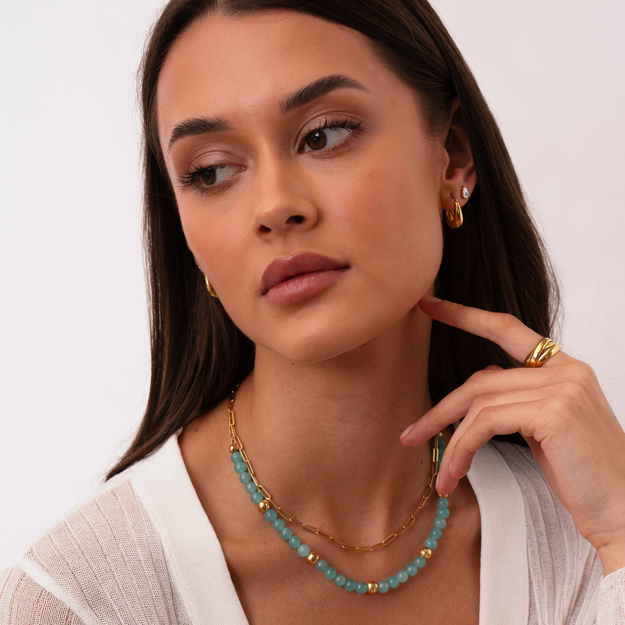 Amazonite Semi-Precious Balance Bead Necklace in 18K Gold Plating-5 product photo