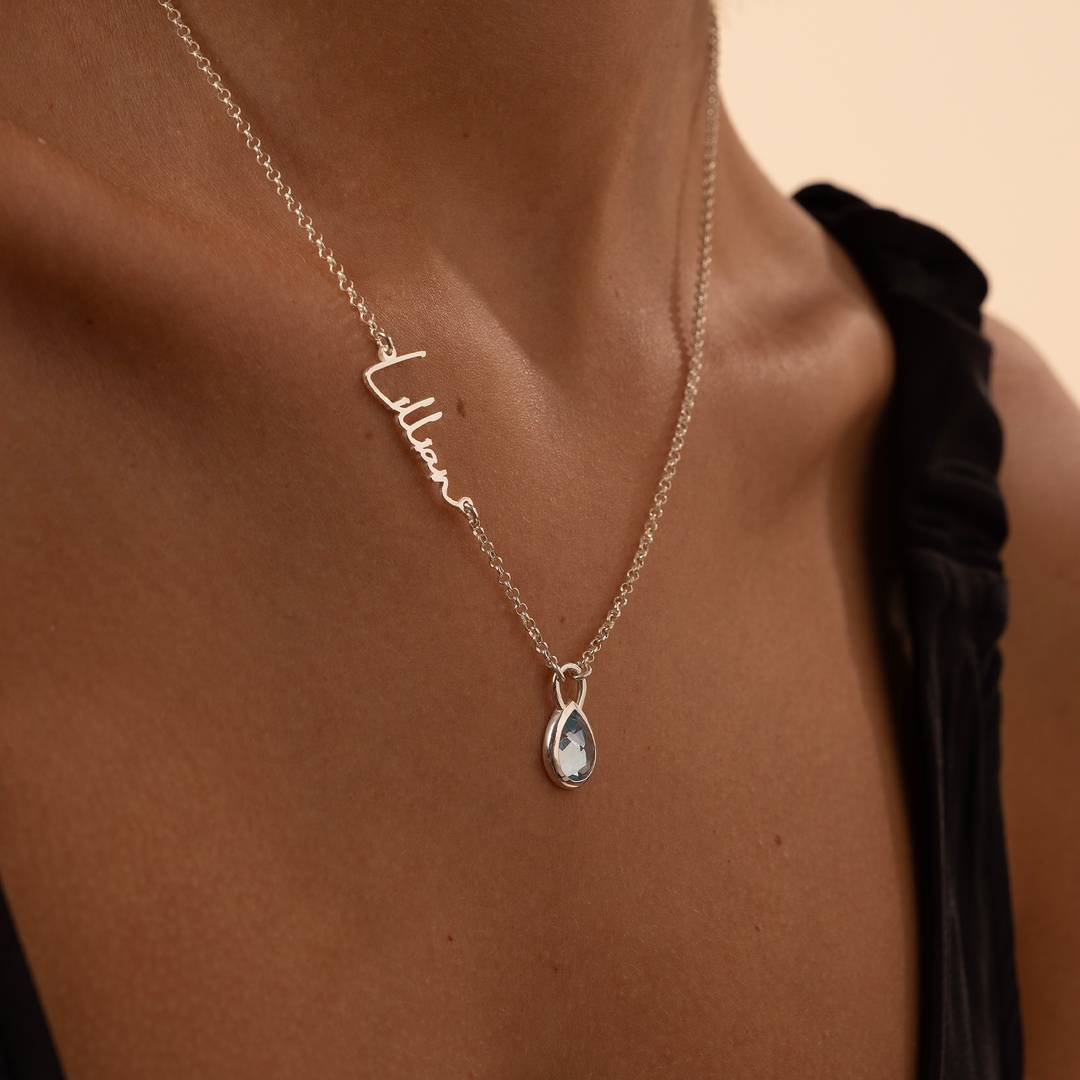 Annie teardrop name necklace with gemstone in sterling silver myka