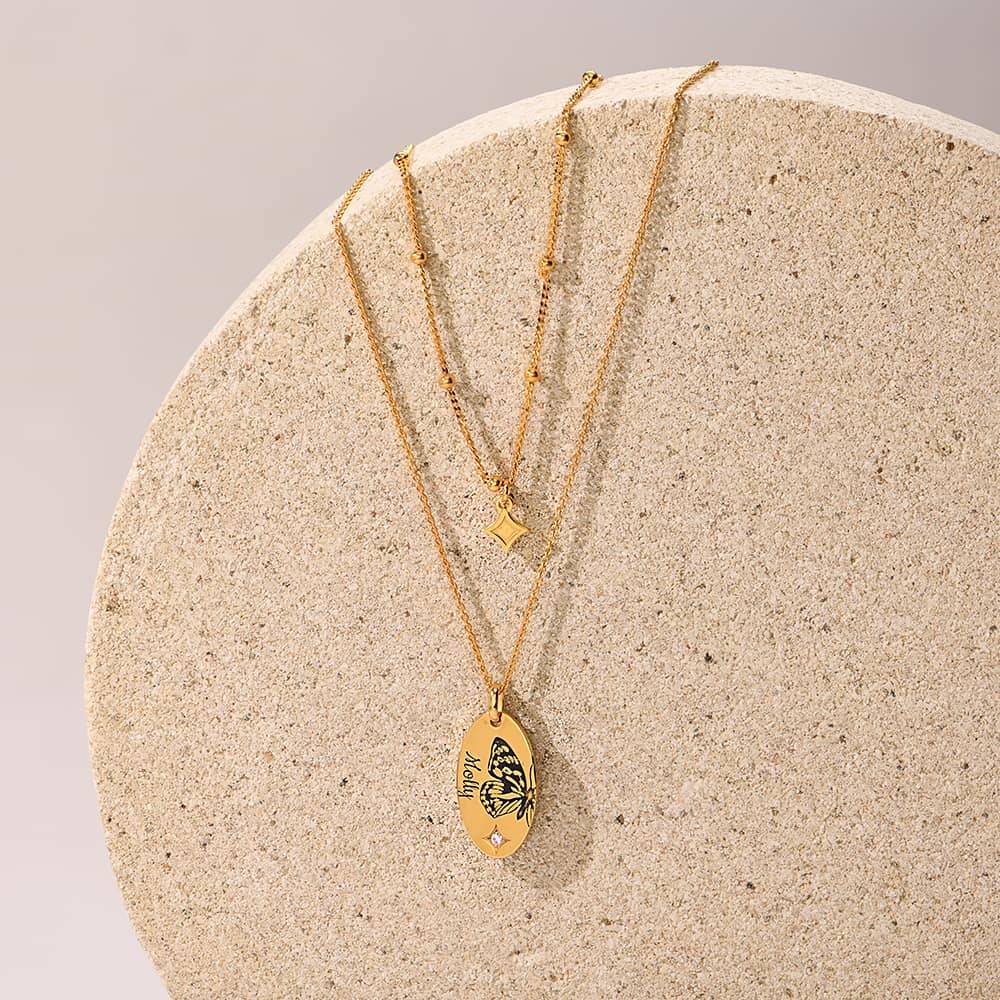 Gelaagde halsketting met geboortevlinder en -steen in 18k goud vermeil-4 Productfoto
