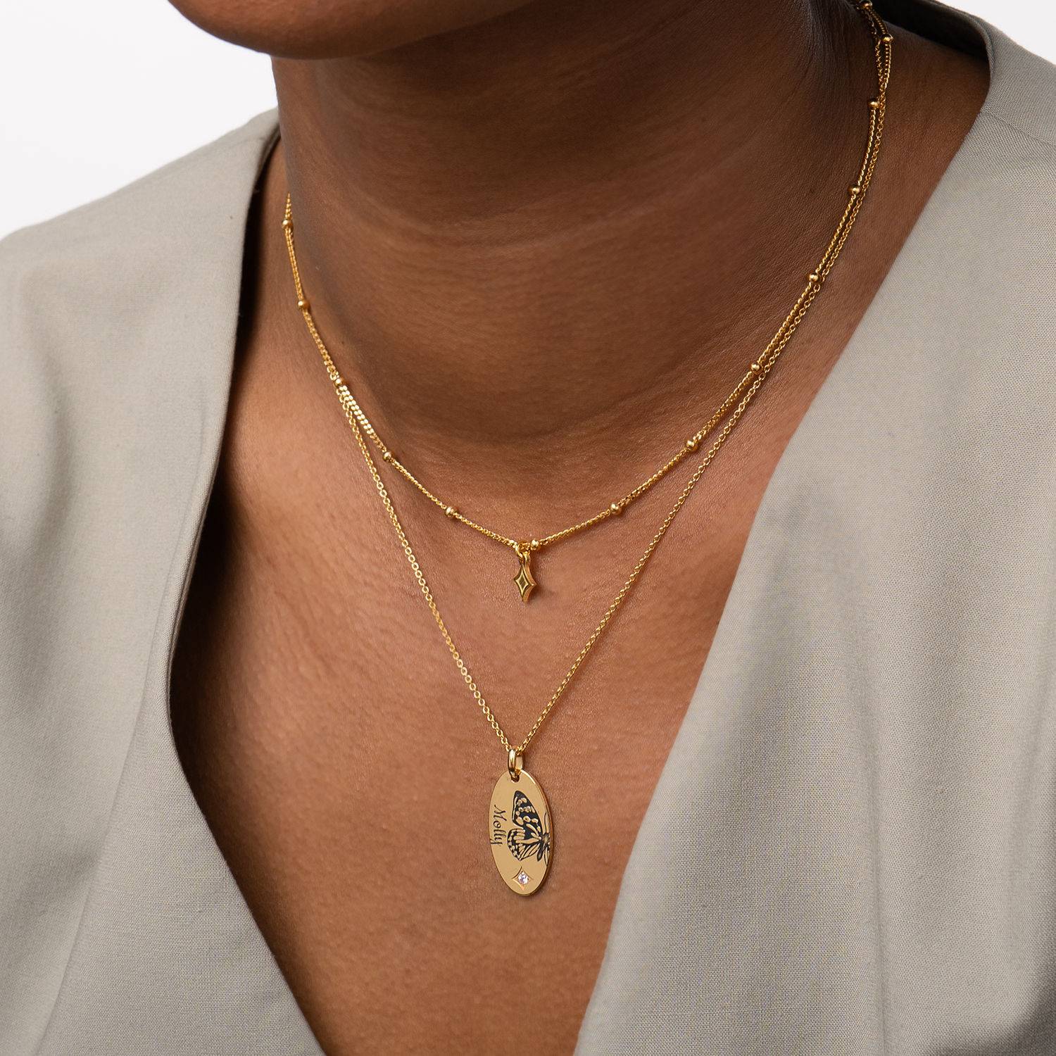 Gelaagde halsketting met geboortevlinder en -steen in 18k goud vermeil-2 Productfoto