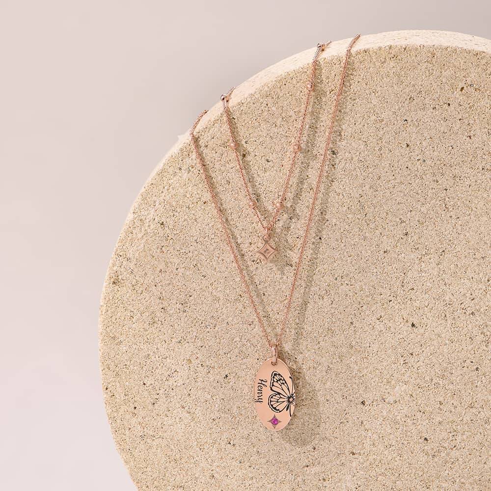 Halskette im Lagenlook mit Geburtsstein und Schmetterling - 750er rosé vergoldetes Silber-1 Produktfoto