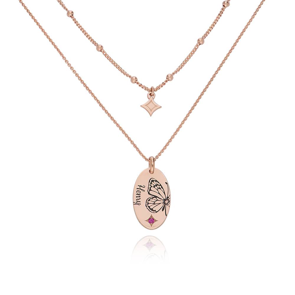Halskette im Lagenlook mit Geburtsstein und Schmetterling - 750er rosé vergoldetes Silber Produktfoto