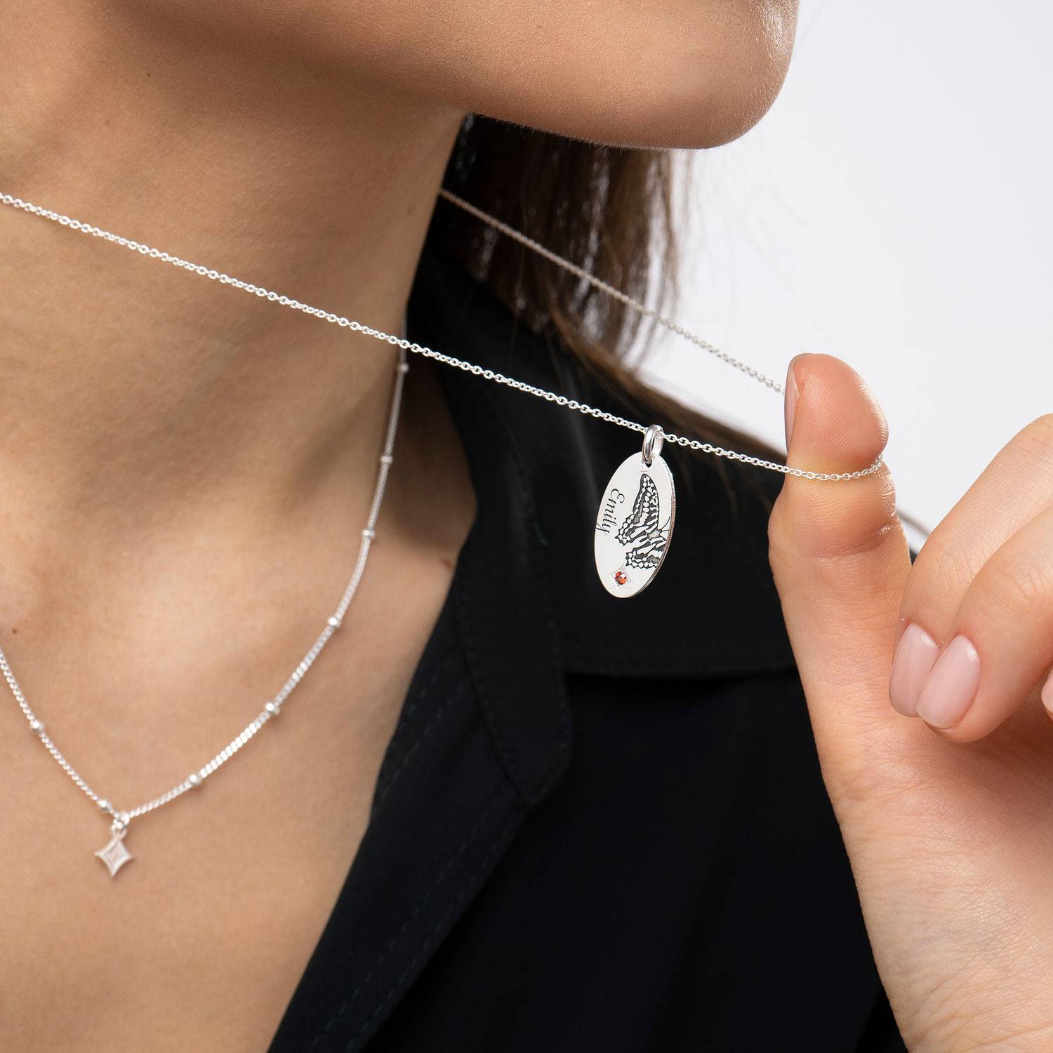 Gelaagde halsketting met geboortevlinder en -steen in sterling zilver-4 Productfoto