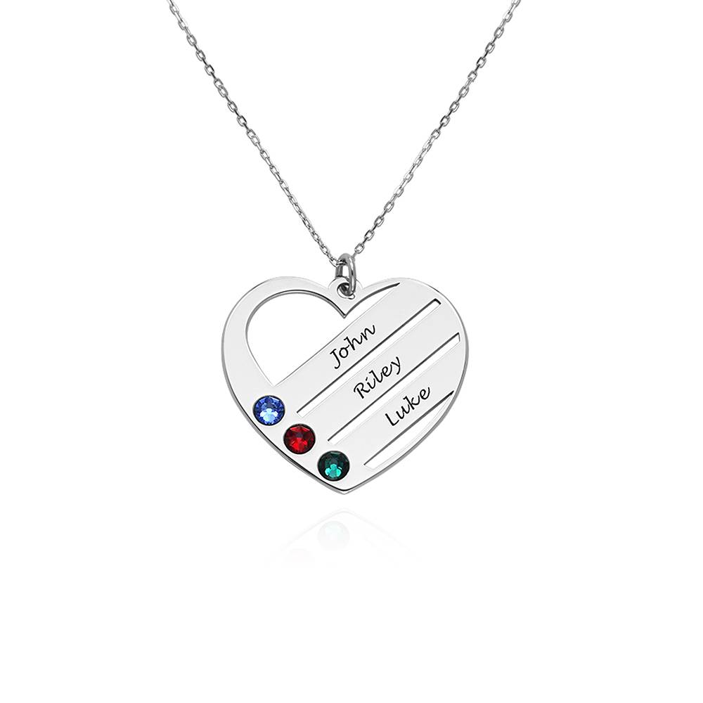 Birthstone Heart Necklace with Engraved Names in 14ct White Gold product photo