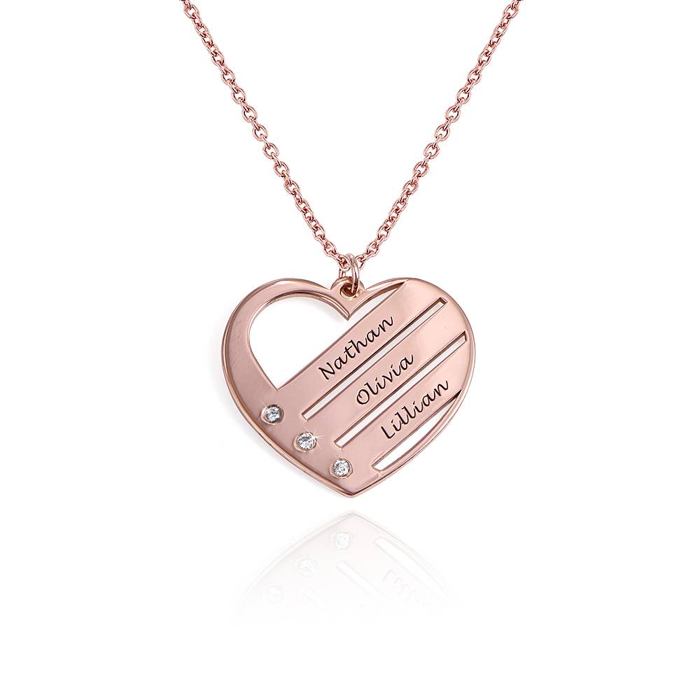 Diamond Heart Necklace with Engraved Names in 18k Rose Gold Plating product photo