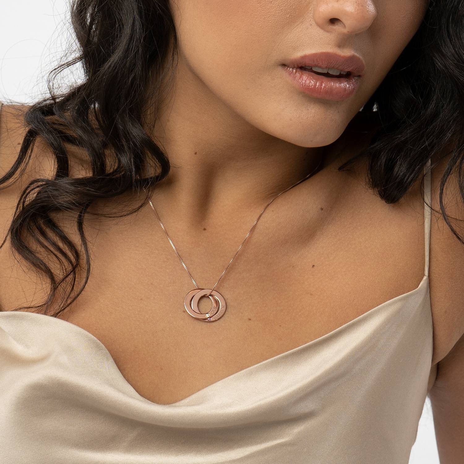 Geburtsstein Russische Ring-Halskette mit 2 Ringen - 750er rosé vergoldetes Silber-3 Produktfoto