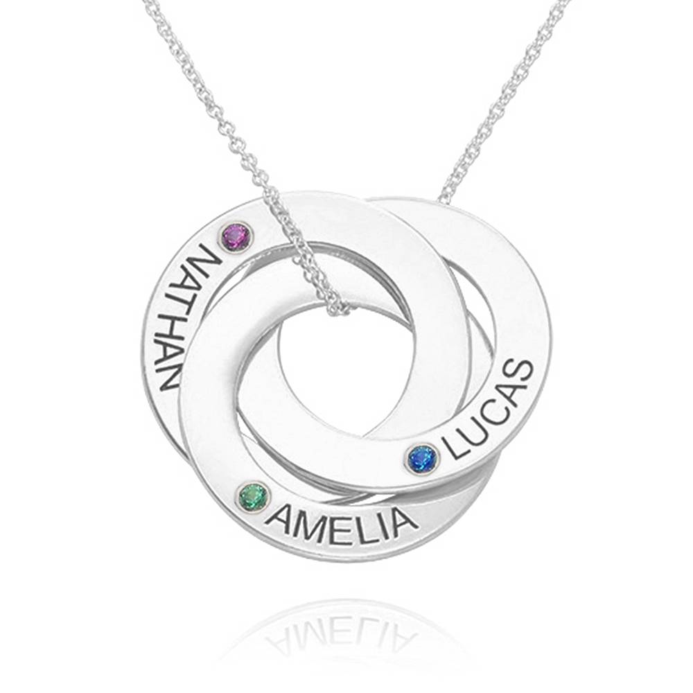 Russische Ring Ketting met 3 Ringen en Geboortestenen in 10k Witgoud