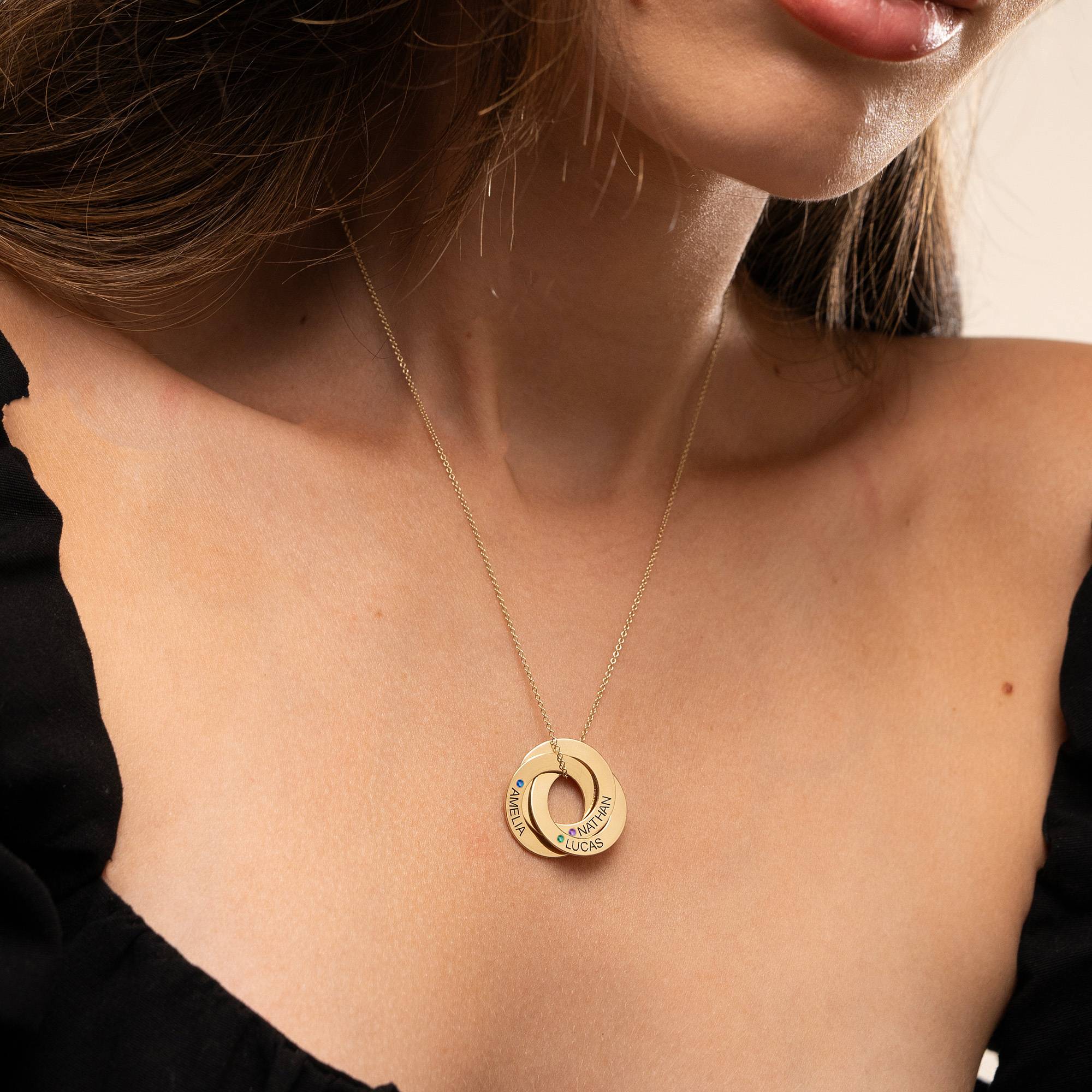 Birthstone Russian Ring Necklace with 3 Rings in 14ct Yellow Gold-2 product photo