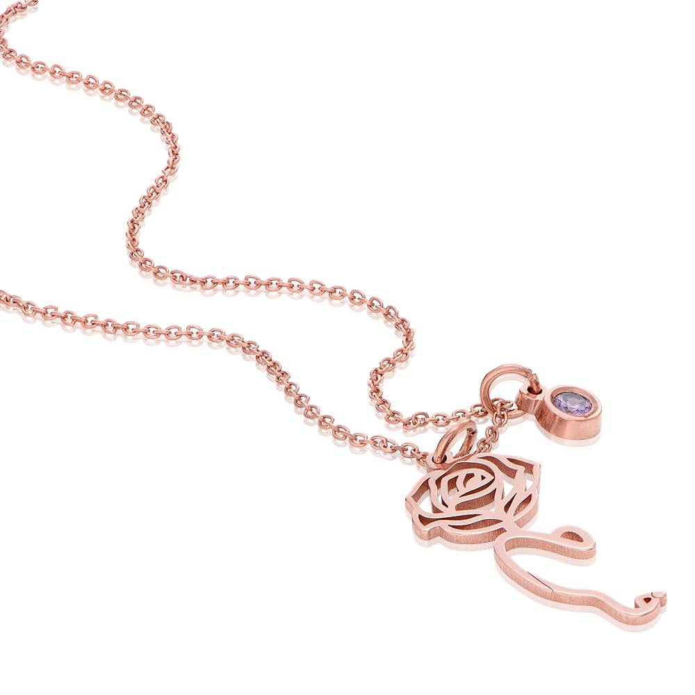 Collier avec nom en arabe de la fleur de naissance épanouie avec pierre de naissance, plaqué or rose 18 carats.-3 photo du produit