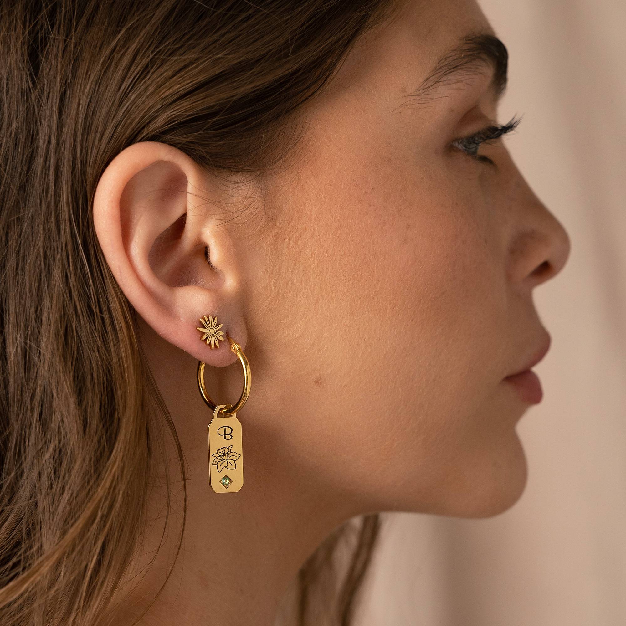 Blooming Birth Flower Initial Hoop Earrings with Birthstone in 18K Gold Plating-1 product photo