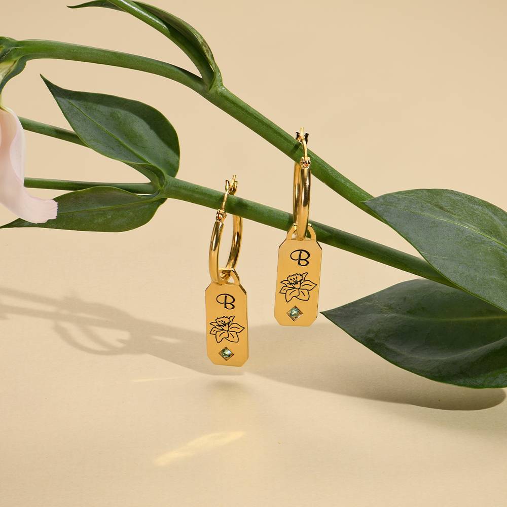 Blooming Birth Flower Initial Hoop Earrings with Birthstone in 18K Gold Vermeil-3 product photo