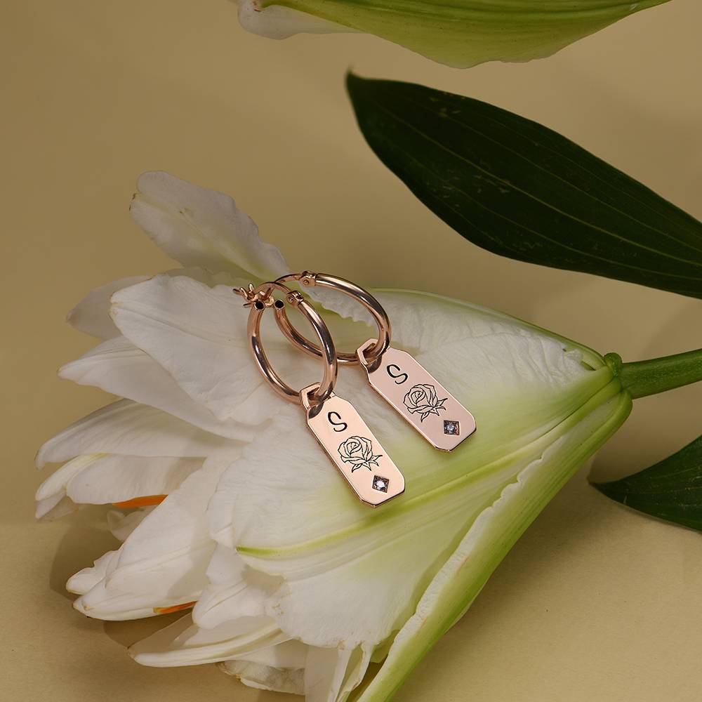Blooming Birth Flower Hoop Earrings with Birthstone in 18K Rose Gold Plating-4 product photo