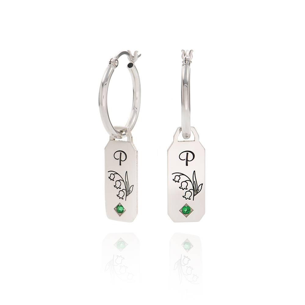 Blooming Birth Flower Initial Hoop Earrings with Birthstone in Sterling Silver-2 product photo