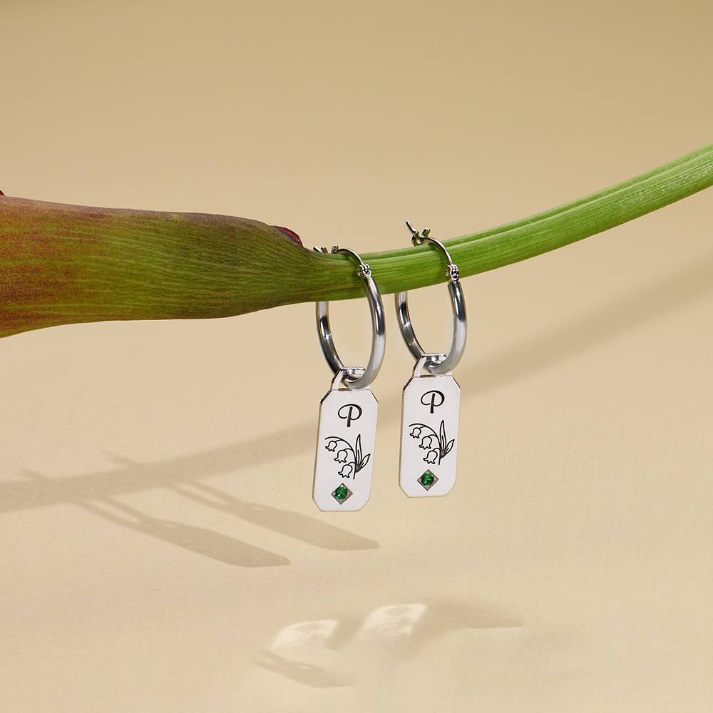 Blooming Birth Flower Initial Hoop Earrings with Birthstone in Sterling Silver-1 product photo