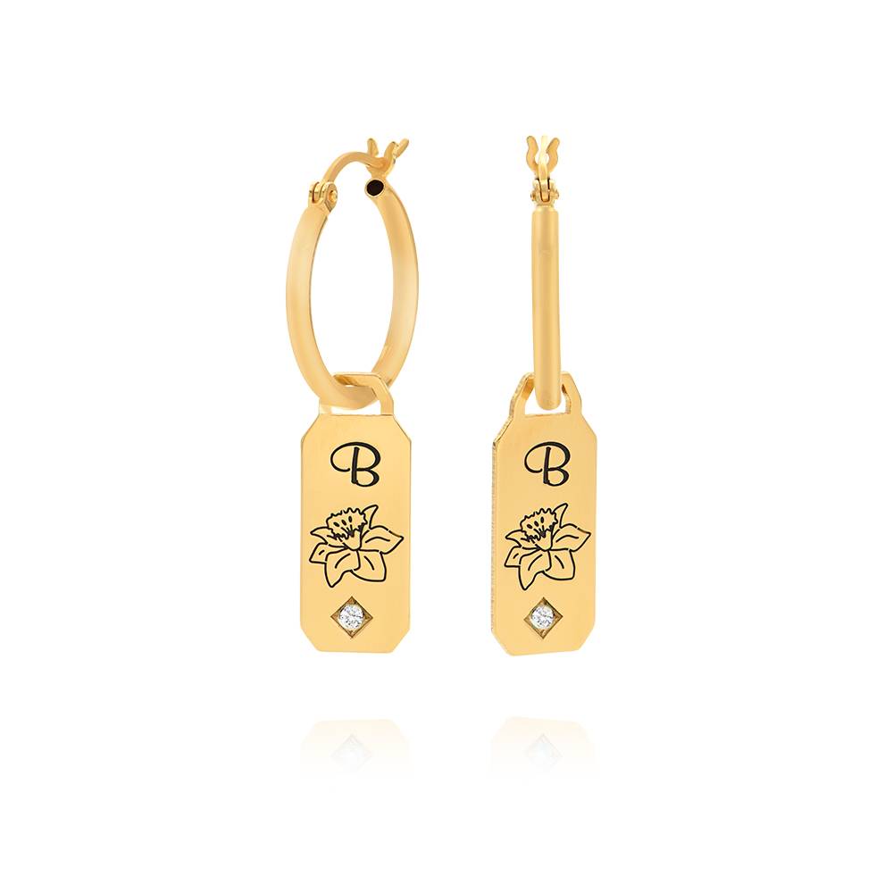 Blooming Birth Flower Initial Hoop Earrings with Diamond in 18K Gold product photo