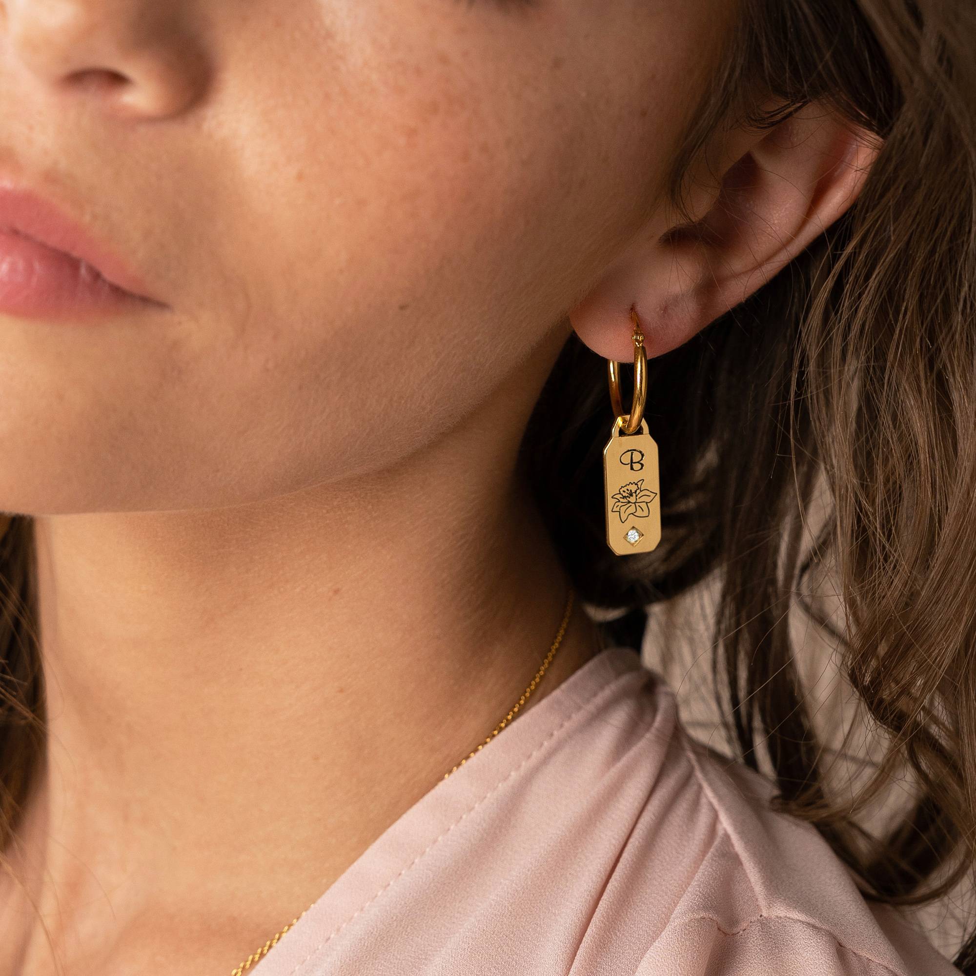Blooming Birth Flower Initial Hoop Earrings with Diamond in 18ct Gold Vermeil-4 product photo