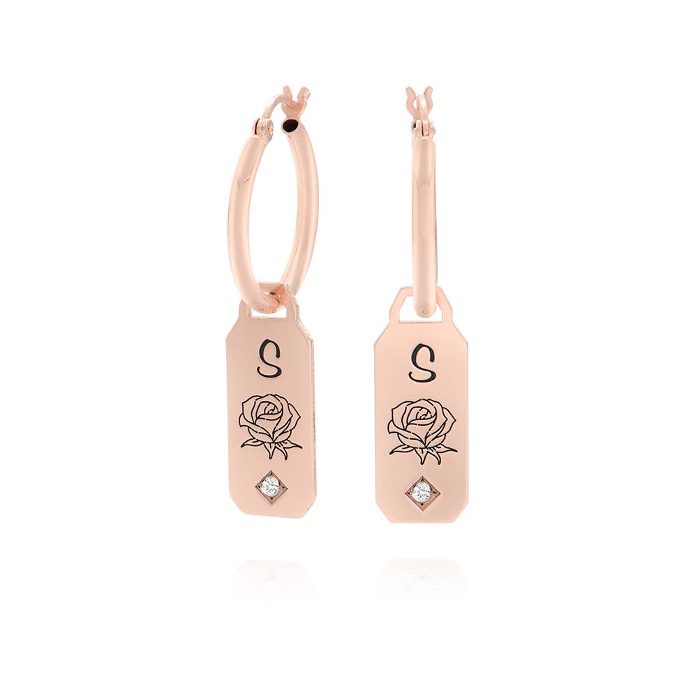 Blooming Birth Flower Initial Hoop Earrings with Diamond in 18K Rose Gold Plating-2 product photo
