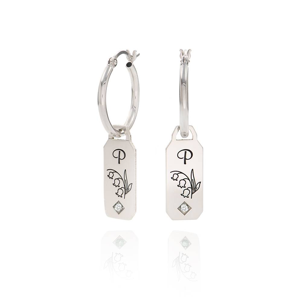 Blooming Birth Flower Initial Hoop Earrings with Diamond in Sterling Silver product photo