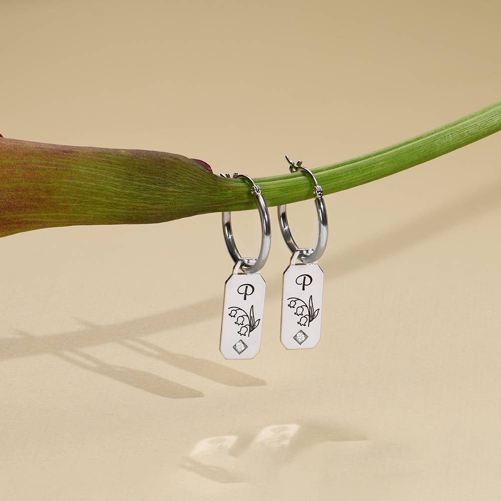 Blooming Birth Flower Initial Hoop Earrings with Diamond in Sterling Silver-4 product photo