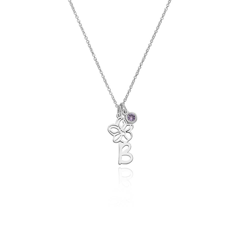 Initiaal Ketting met Bloeiende Geboortebloem en Geboortesteen in 925 Zilver