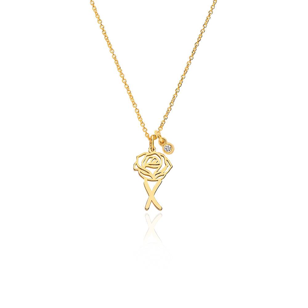 Initiaal Ketting met Bloeiende Geboortebloem en Diamant in Verguld