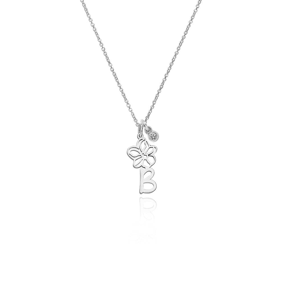 Initiaal Ketting met Bloeiende Geboortebloem en Diamant in 925 Zilver