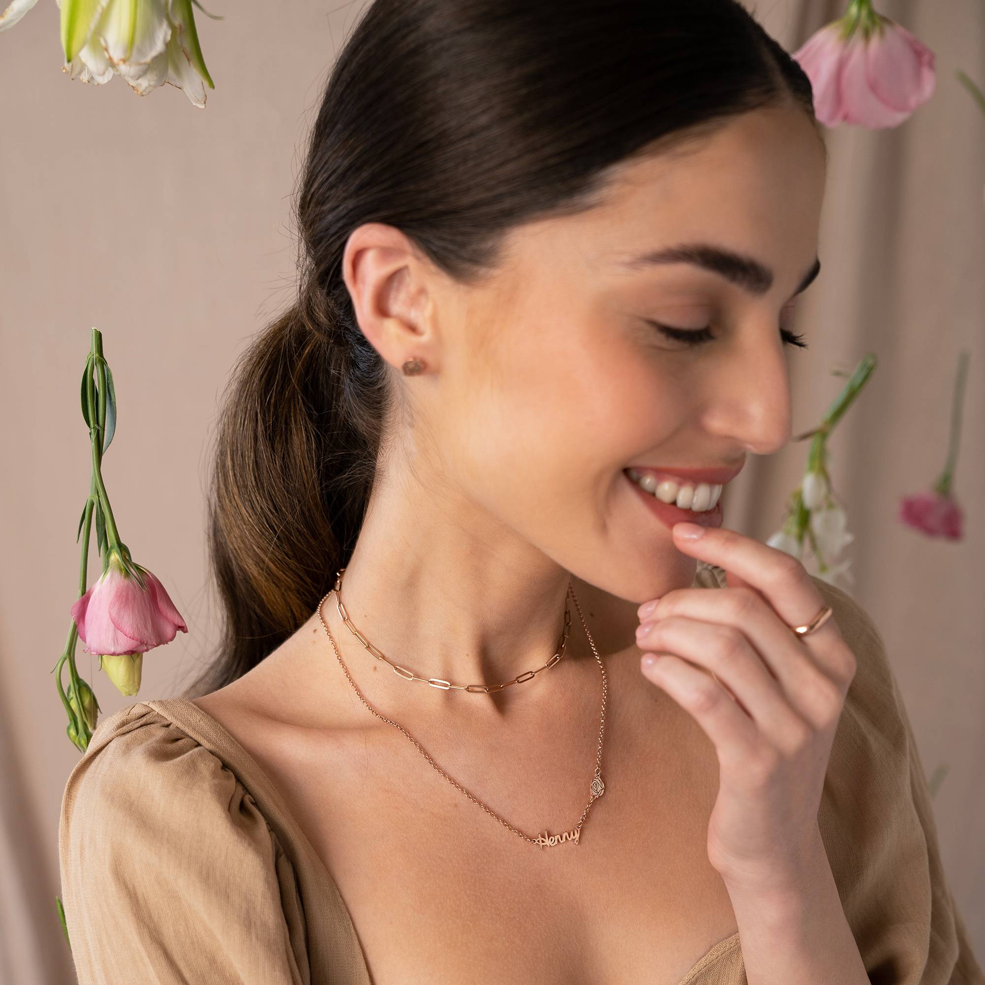Blühende Geburtsblumen Mehrnamen-Halskette - 750er rosé vergoldetes Silber-6 Produktfoto
