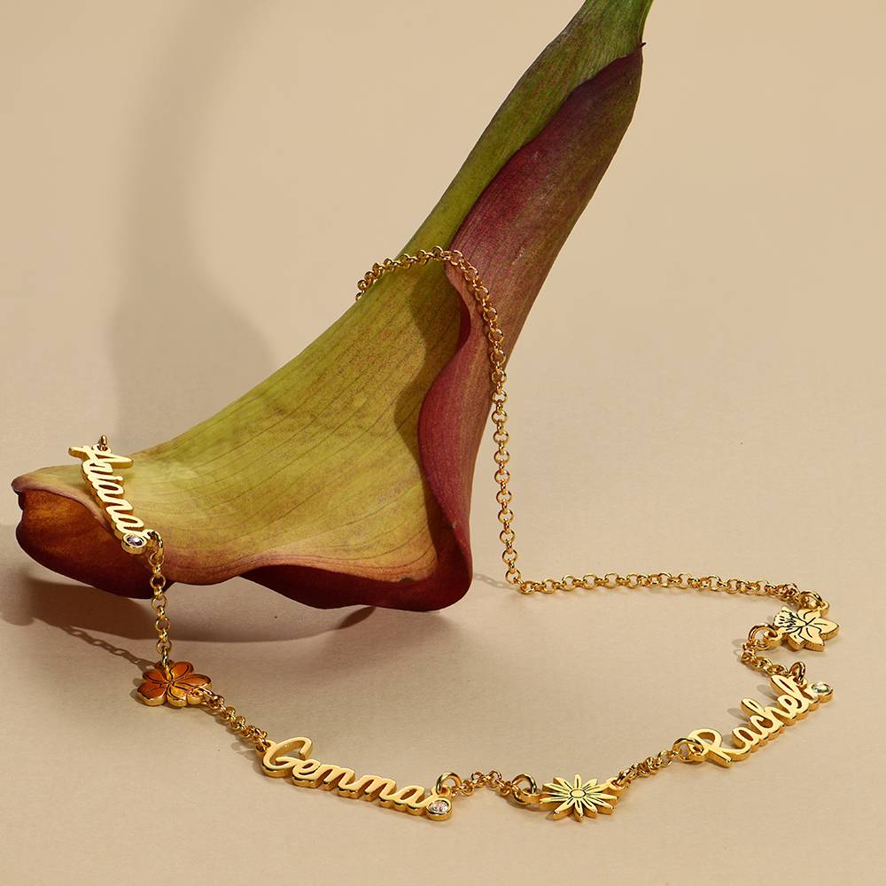 Blooming Birth Flower Multi Name Necklace with Birthstone in 18K Gold Plating-5 product photo