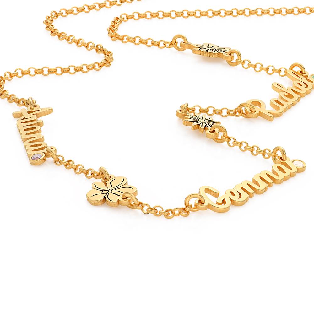 Blooming Birth Flower Multi Name Necklace with Birthstone in 18K Gold product photo