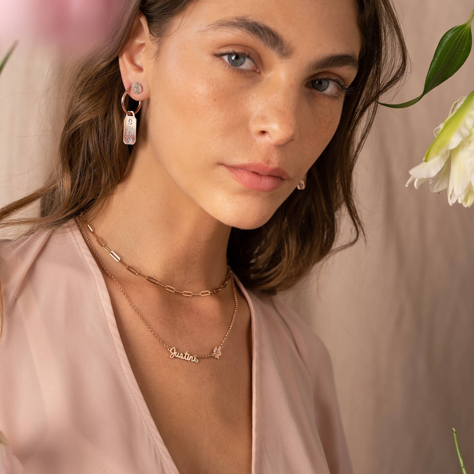 Blooming Birth Flower Multi Name Necklace with Birthstone in 18ct Rose Gold Vermeil-1 product photo