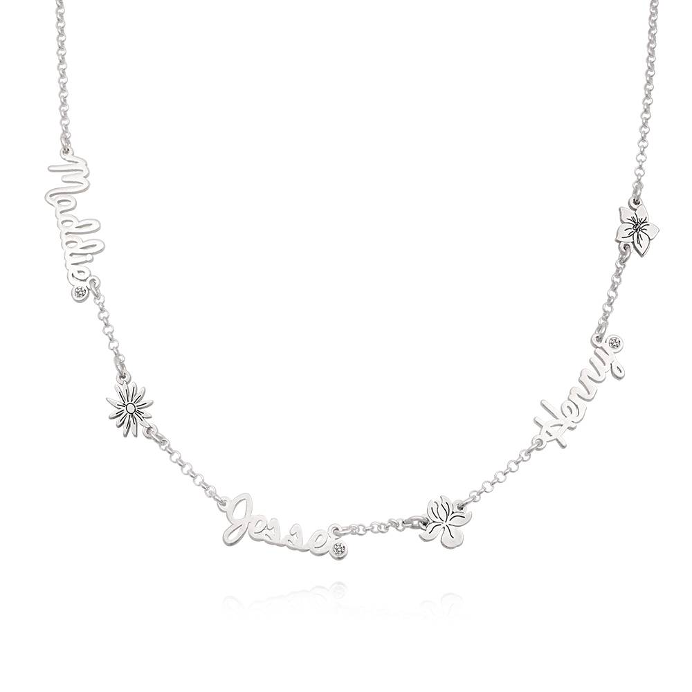 Bloeiende Geboortebloem Meervoudige Naamketting met Diamanten in 925 Zilver