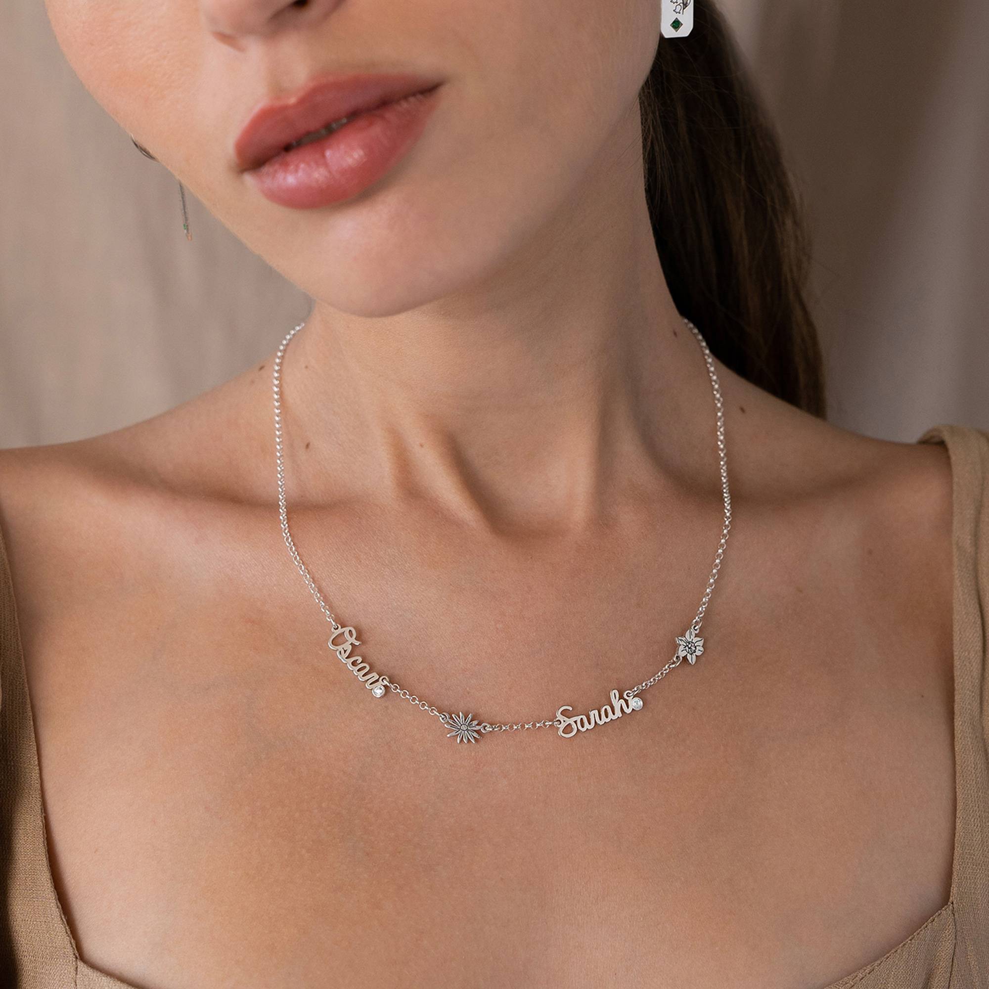 Blooming Birth Flower Multi Name Necklace with Diamond in Sterling Silver-2 product photo