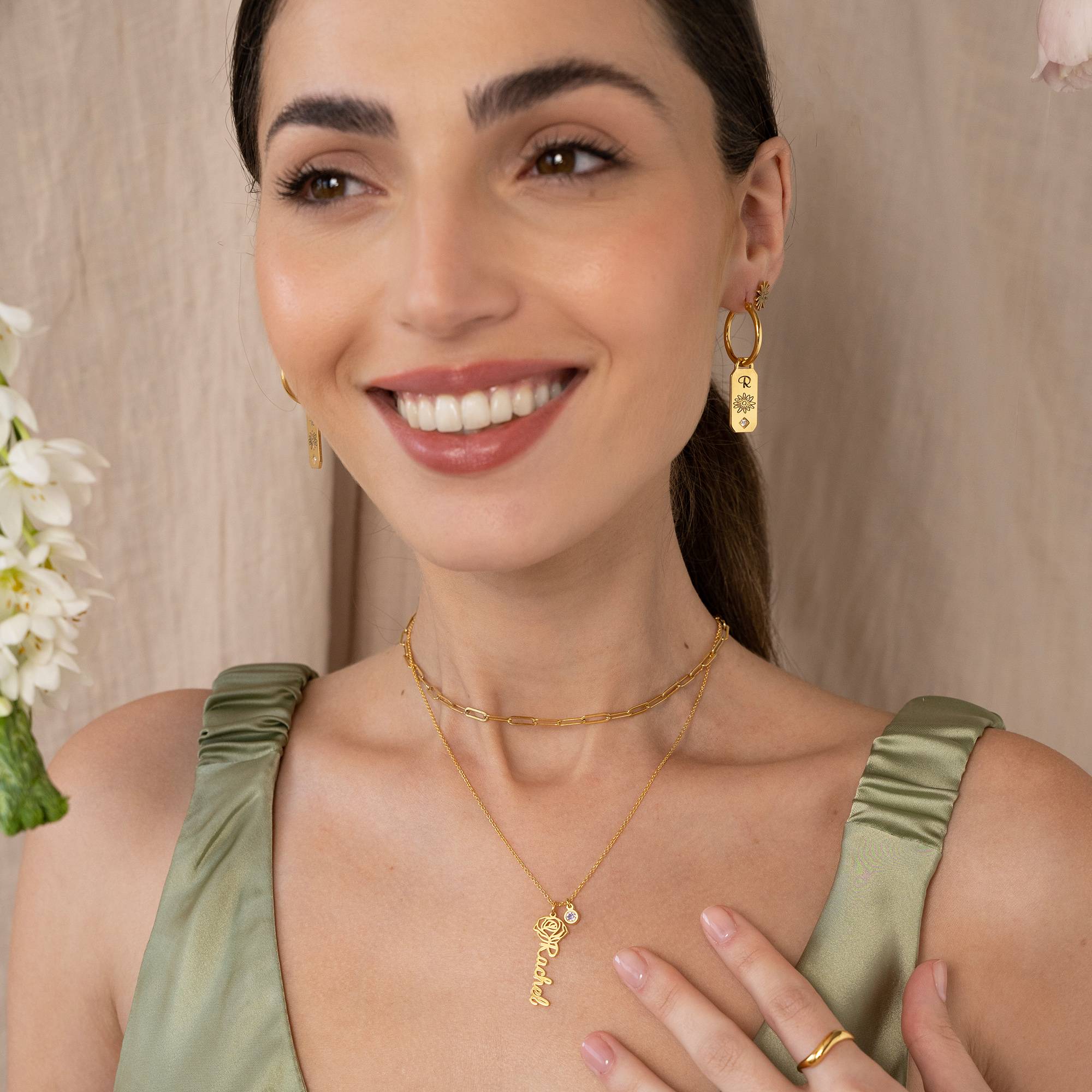 Blooming Birth Flower Name Necklace with Birthstone in 18K Gold Plating-4 product photo