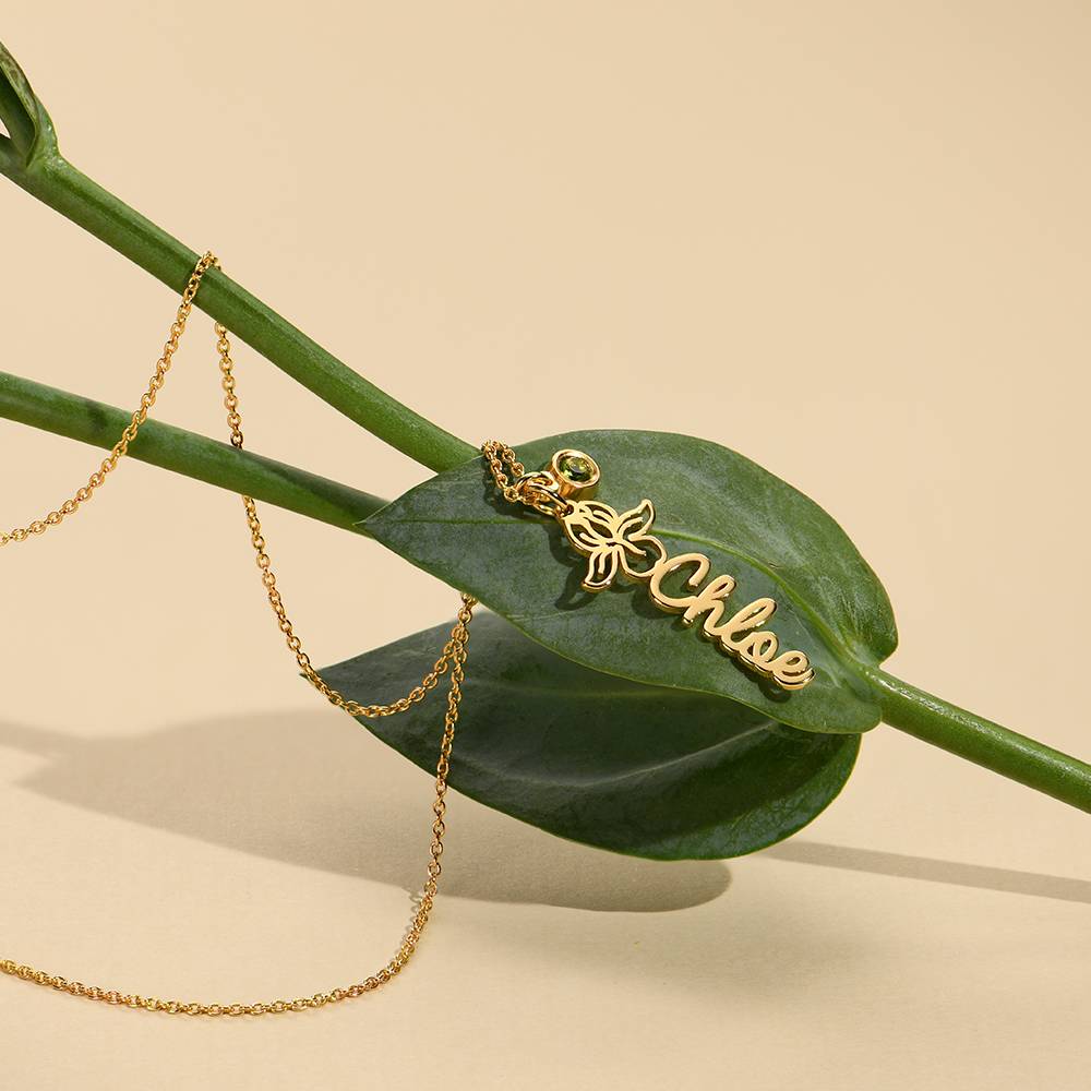 Collar con nombre Blooming Birth Flower con piedra de nacimiento en baño de oro de 18 quilates-3 foto de producto