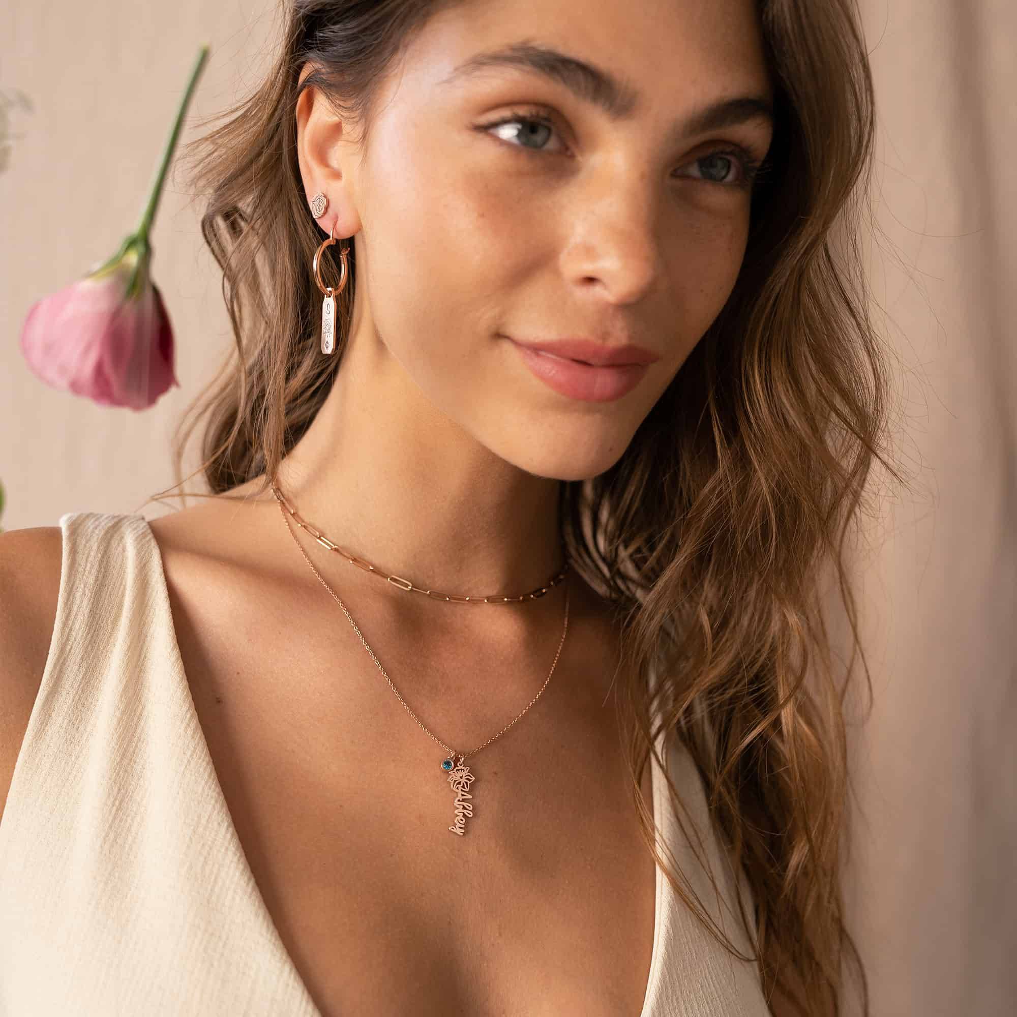 Blooming Birth Flower Name Necklace with Birthstone in 18K Rose Gold Vermeil-3 product photo