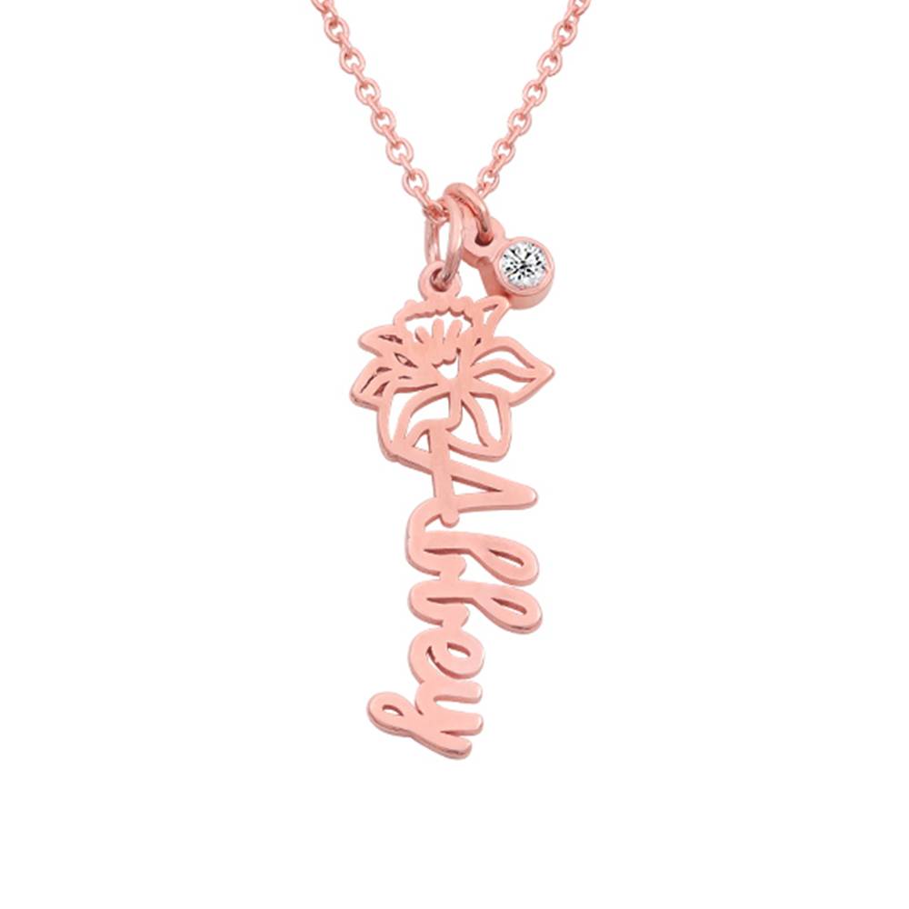 Bloeiende Geboortebloem Naamketting met Diamant in Rosé Verguld