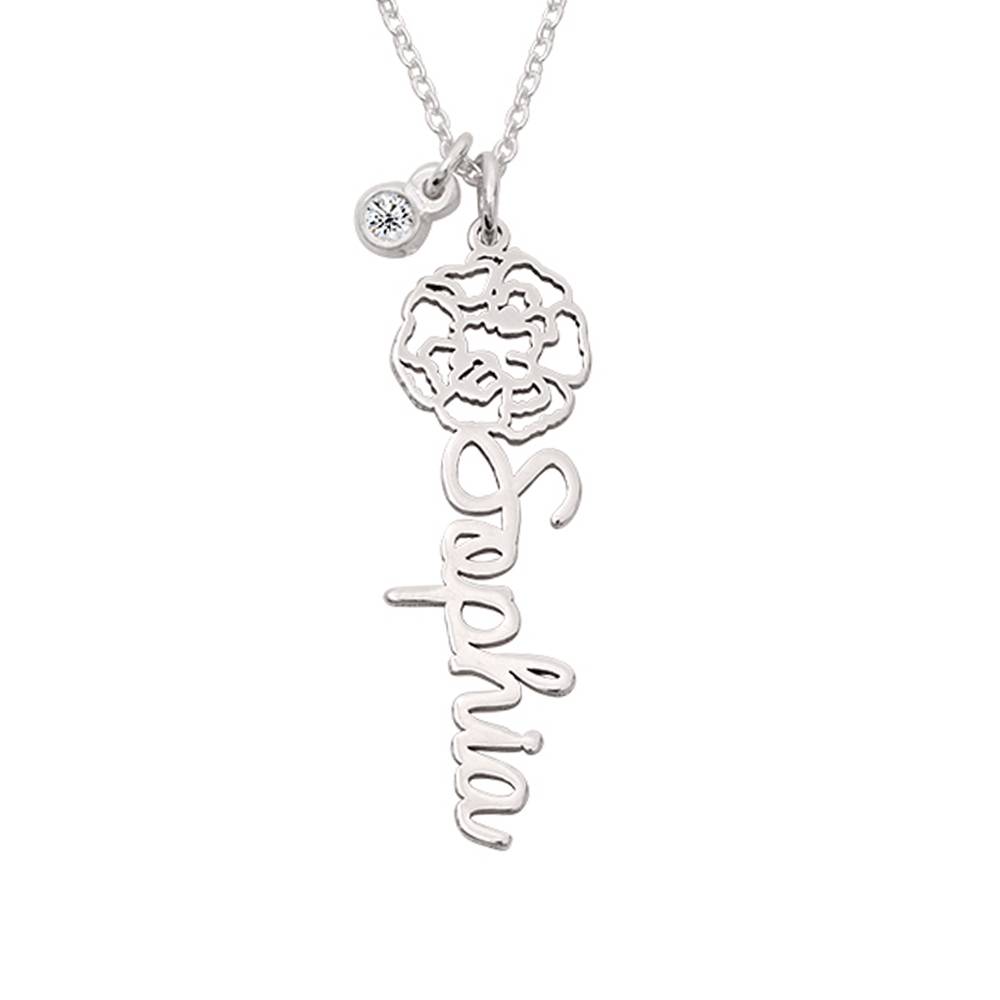 Bloeiende Geboortebloem Naamketting met Diamant in 925 Zilver