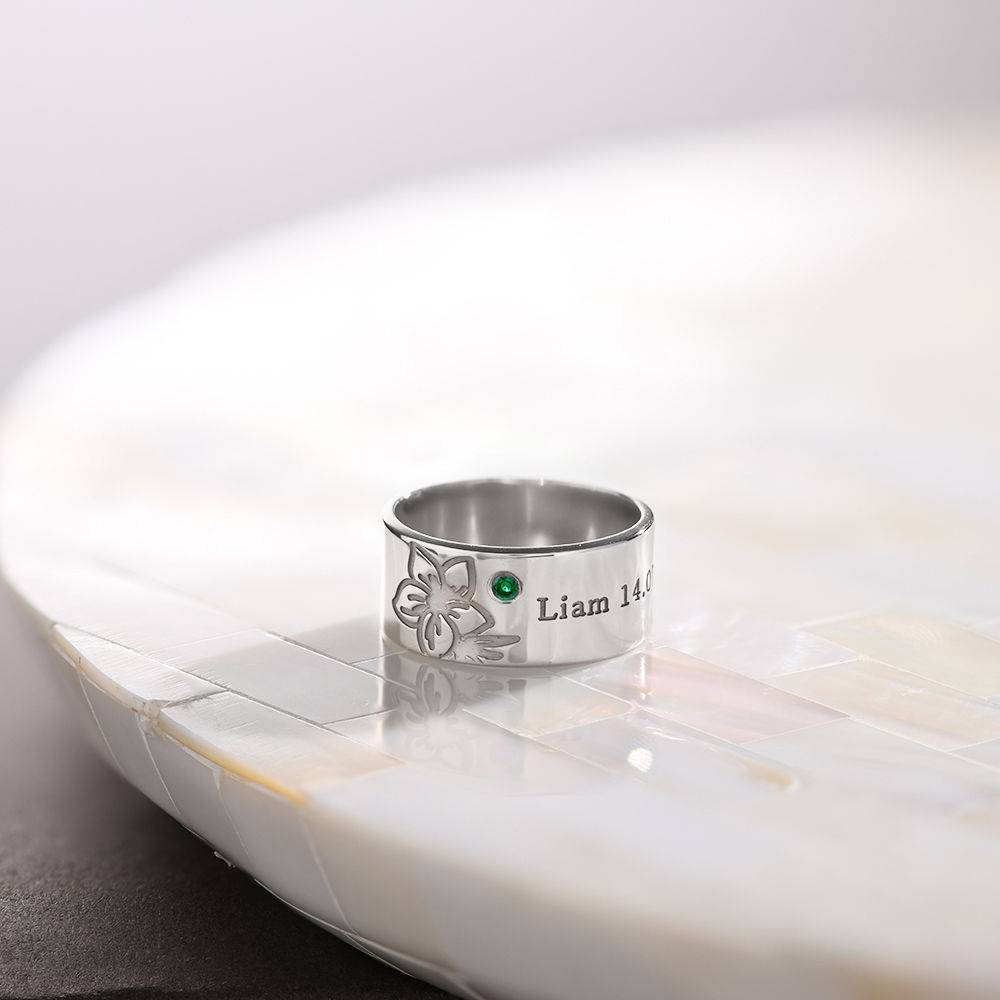 Bloesem ring met geboortebloem en -steen in sterling zilver-1 Productfoto
