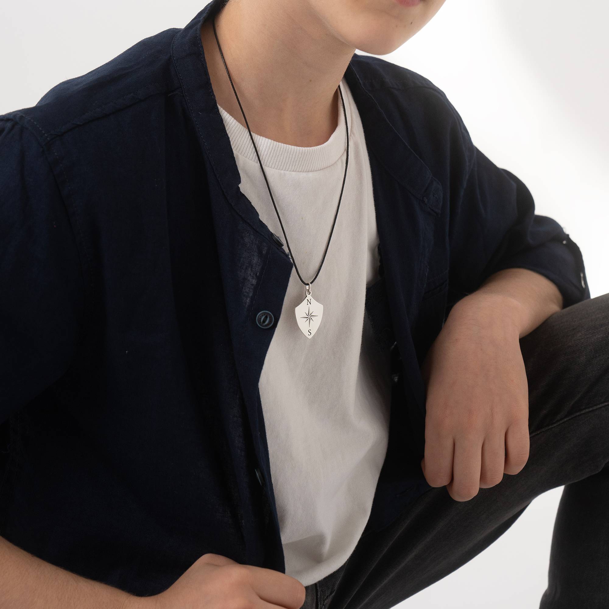 Boys Initial Compass Necklace in Sterling Silver-5 product photo